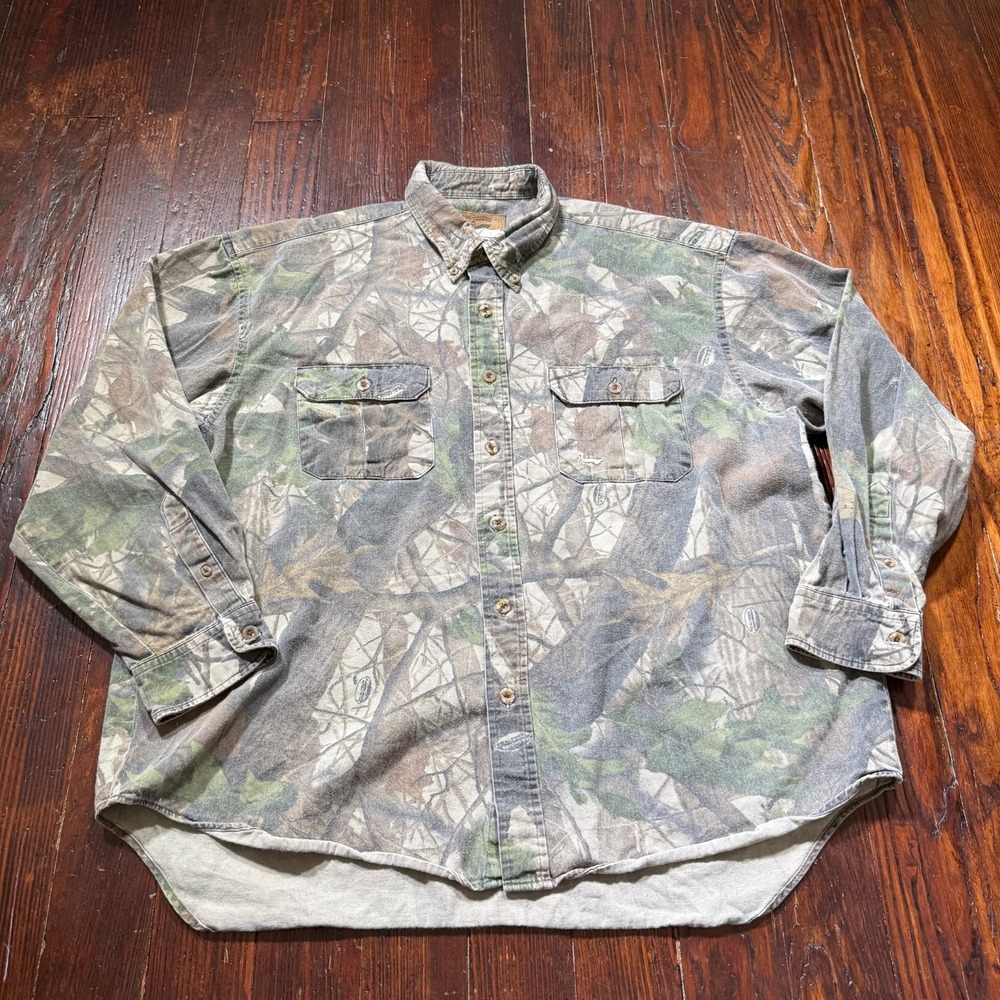 Vintage Duxbak Shirt Mens XL Camo Realtree Hardwoods Faded Hunting Outdoor